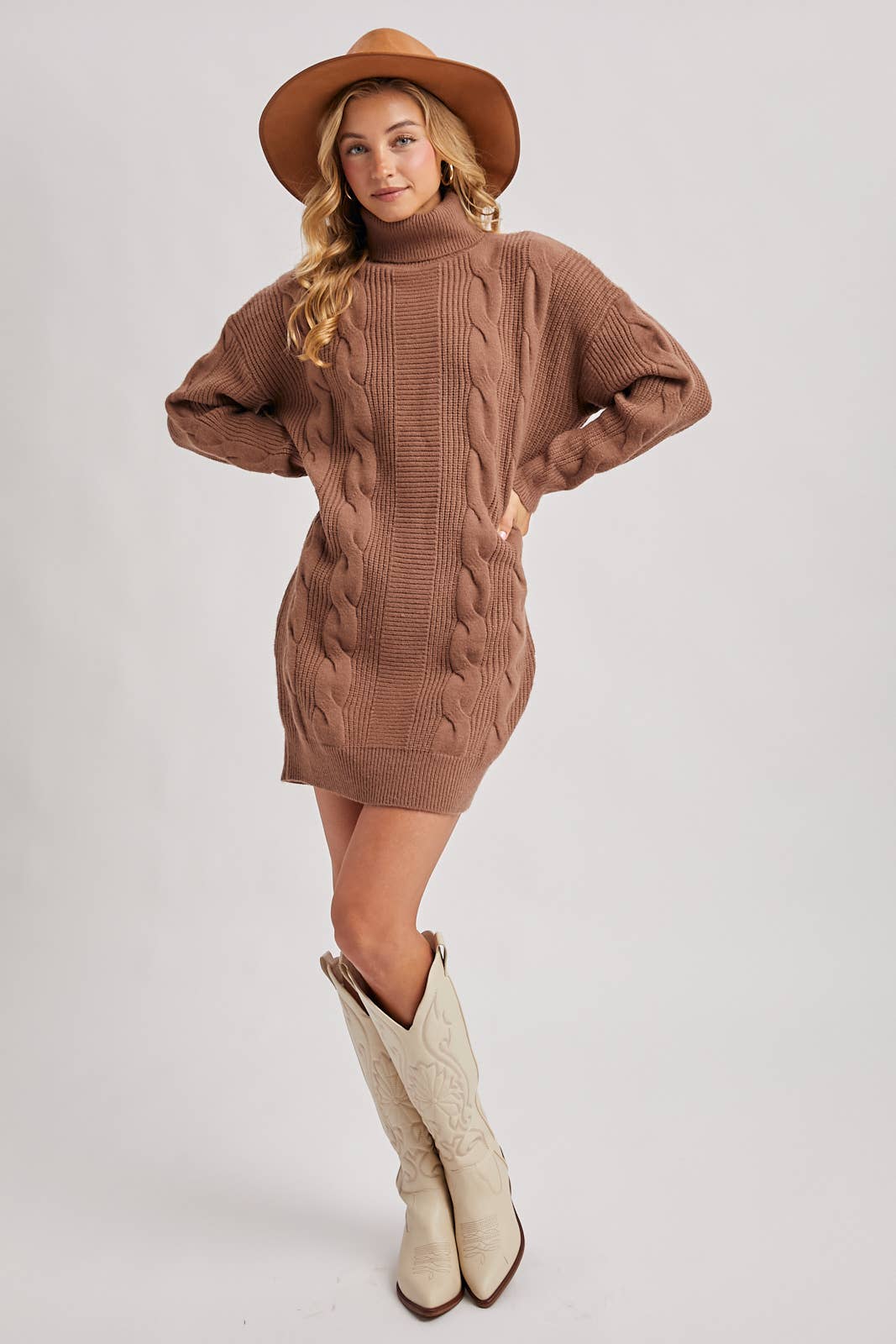 TURTLE NECK CHUNKY CABLE KNIT SWEATER DRESS