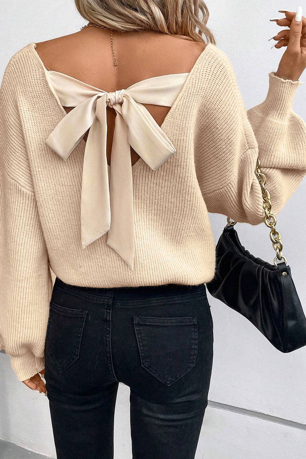 Lantern Sleeve V Neck Knot Back Sweater- Apricot