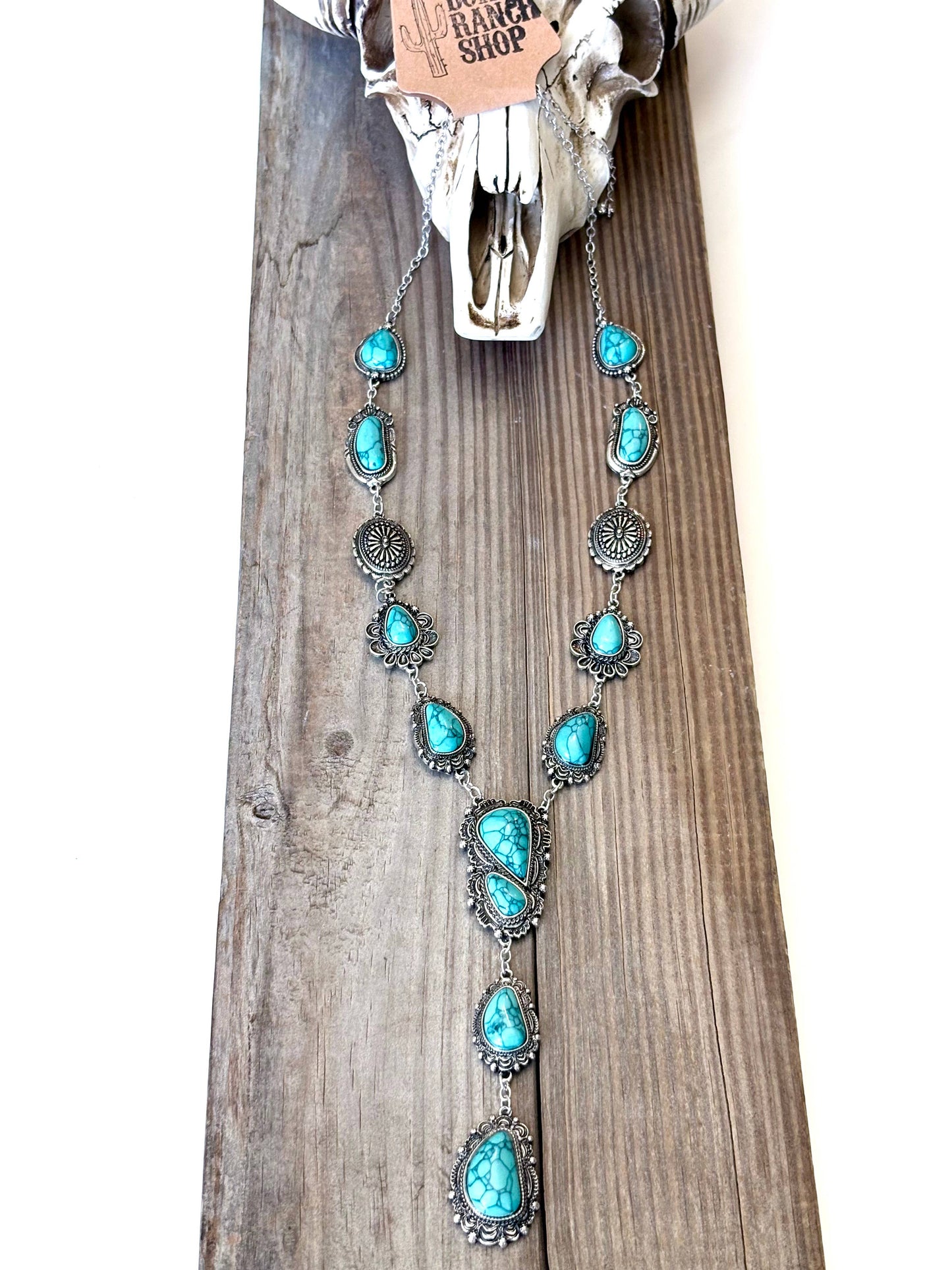 Turquoise Stone Western Concho Y Drop Necklace