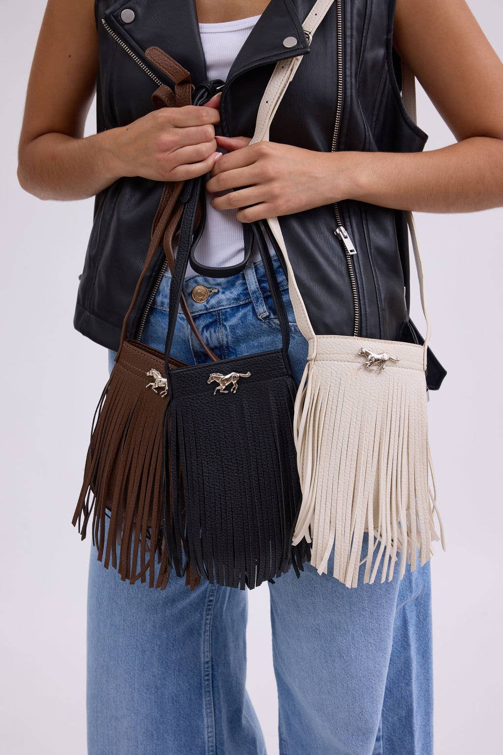 Vegan Leather Fringe with Horse bag- Black