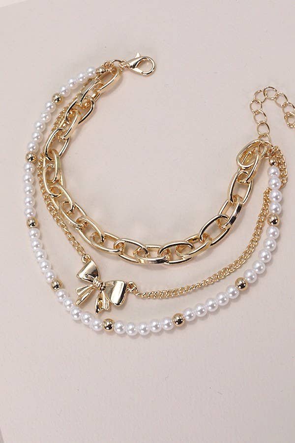 BOW PEARL LINK TRIO SET BRACELETS GOLD