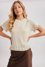 RUFFLED HEM SHORT SLEEVED KNIT SWEATER