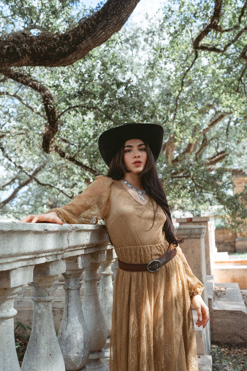 Floral Embossed Leather Belt with Rhinestone Ring Buckle