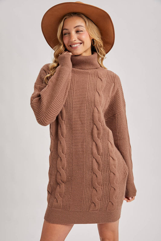 TURTLE NECK CHUNKY CABLE KNIT SWEATER DRESS