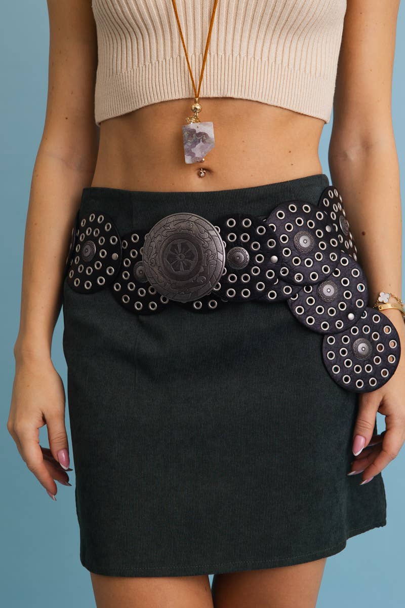 Western Boho Embellished Circle Belt with Eyelet Accents: Black