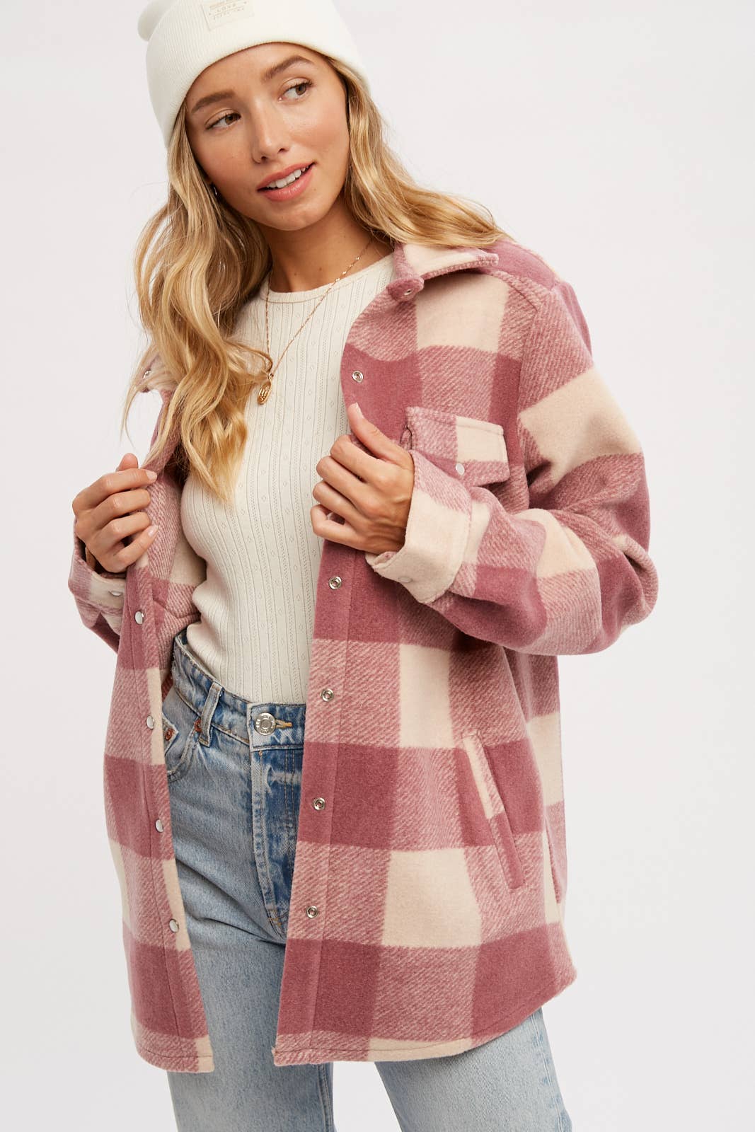 CHECKERED BRUSHED FLANNEL SHACKET- Mauve
