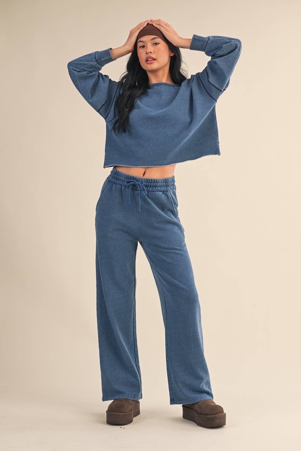 Denim Wash Fleece-Lined Sweatpants: Charcoal Denim