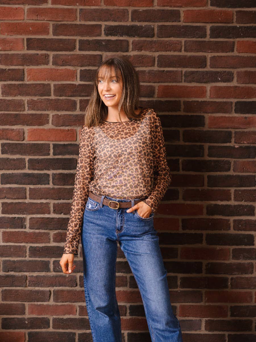 Leopard Mesh Long-Sleeve Top