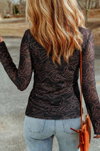 Western Printed Mock Neck Mesh Top