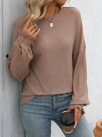 Women's Comfy Striped Long-Sleeved Sweater Top- Khaki