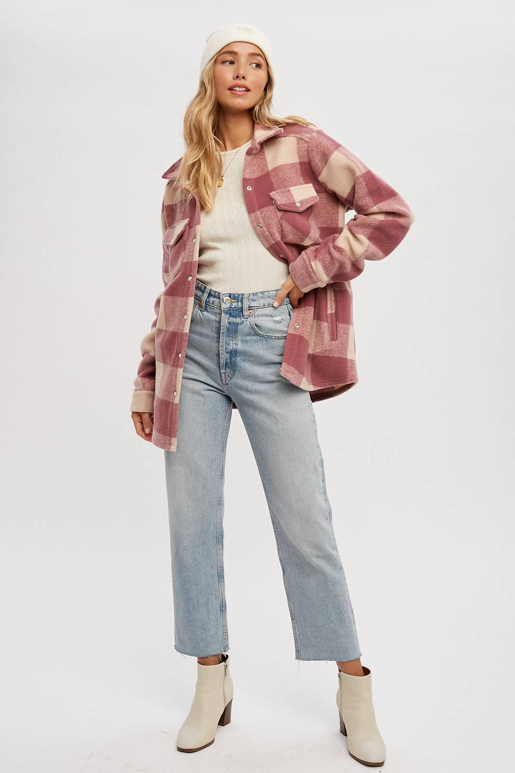 CHECKERED BRUSHED FLANNEL SHACKET- Mauve