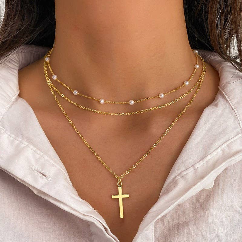 TRIPLE LAYER CROSS NECKLACE