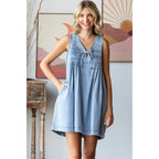 V-neck Puff Sleeve Denim Dress