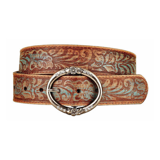 Floral Embossed Leather Belt with Rhinestone Ring Buckle