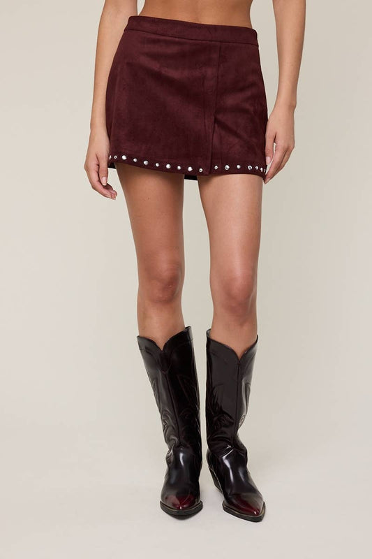 Maroon ONE-SIDE SLIT STUDDED MINI SKORT