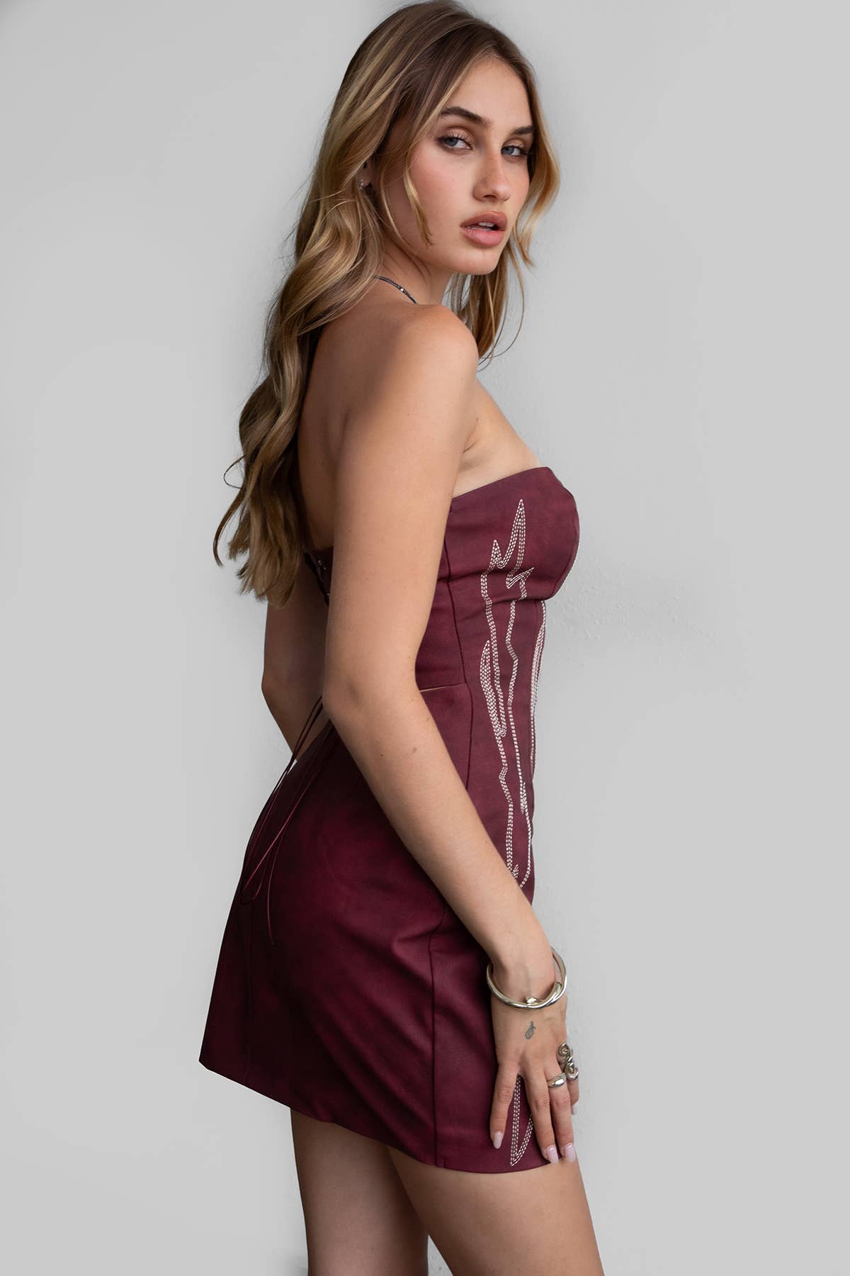 Embroidered Western Strapless Mini Dress