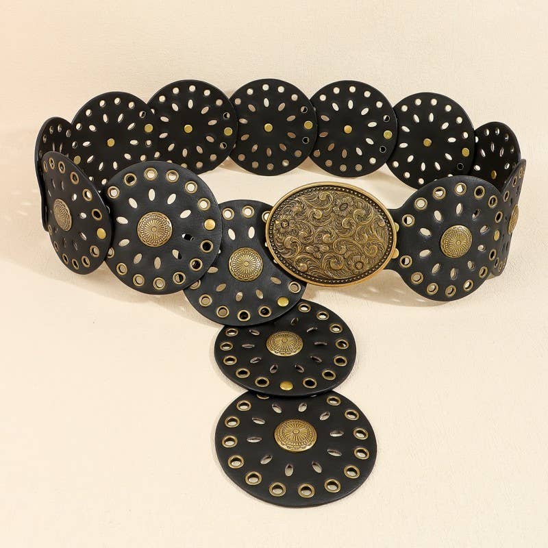 Black Studded Oval Disc Snap Y Shape Belt