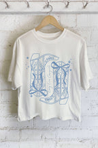 LONG LIVE COWGIRL WESTERN BOW BOOTS GRAPHIC LONG CROP TOP