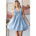 V-neck Puff Sleeve Denim Dress