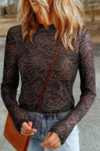 Western Printed Mock Neck Mesh Top