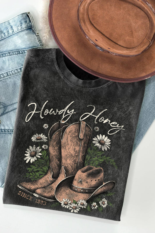 Women Cowboy Graphic Print Mineral Wash Top