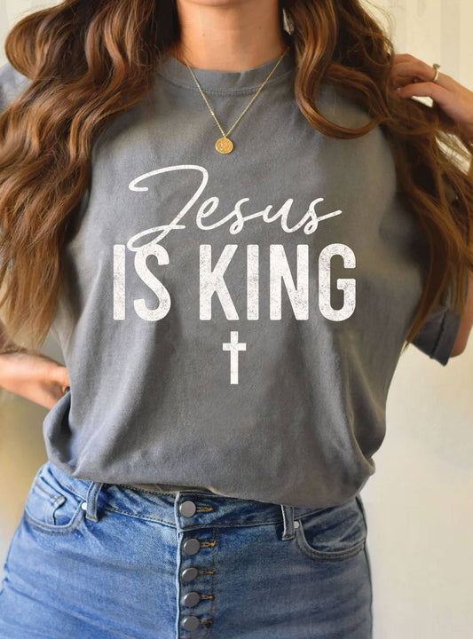 JESUS IS KING CROSS GRAPHIC TSHIRTS: GREY