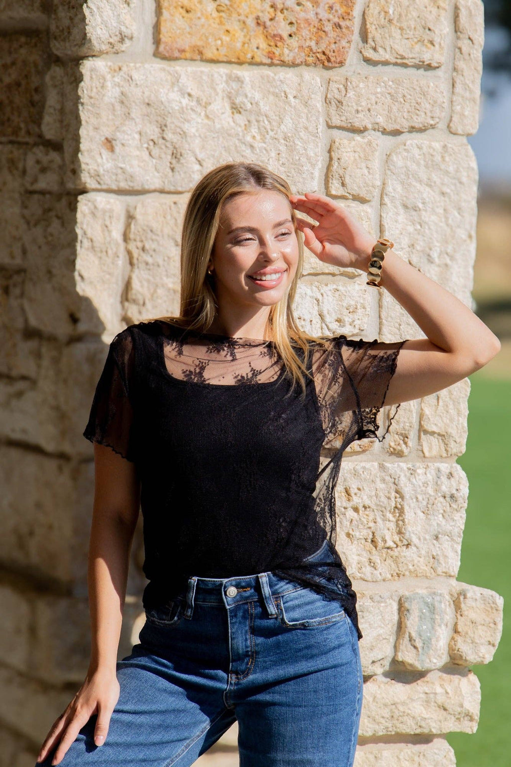 Lace Short-Sleeve Top- Black