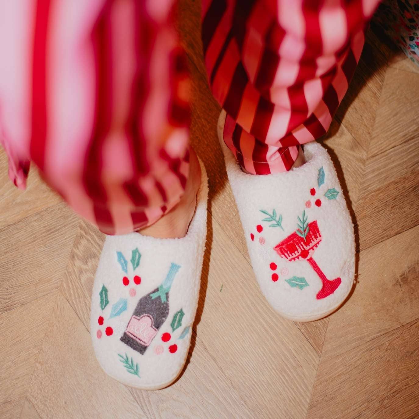 Christmas Champagne & Holly Slippers