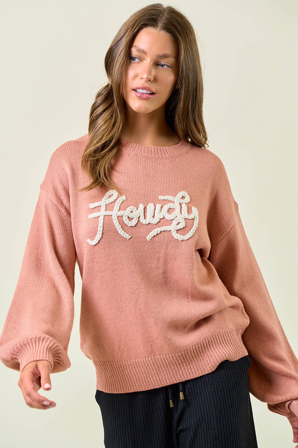 HOWDY' EMBROIDERED ROUND NECK OVERSIZED SWEATER