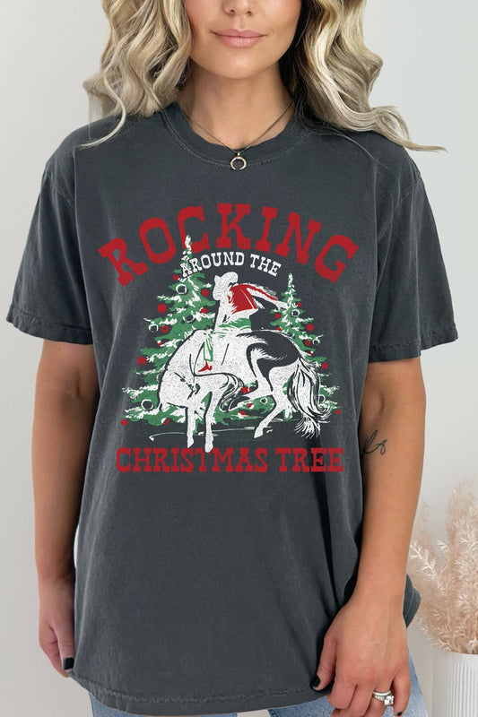 ROCKING CHRISTMAS TREE Graphic Tee- Grey