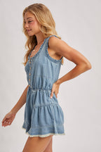 BUTTON FRONT SCOOP NECK RUFFLED DENIM ROMPER