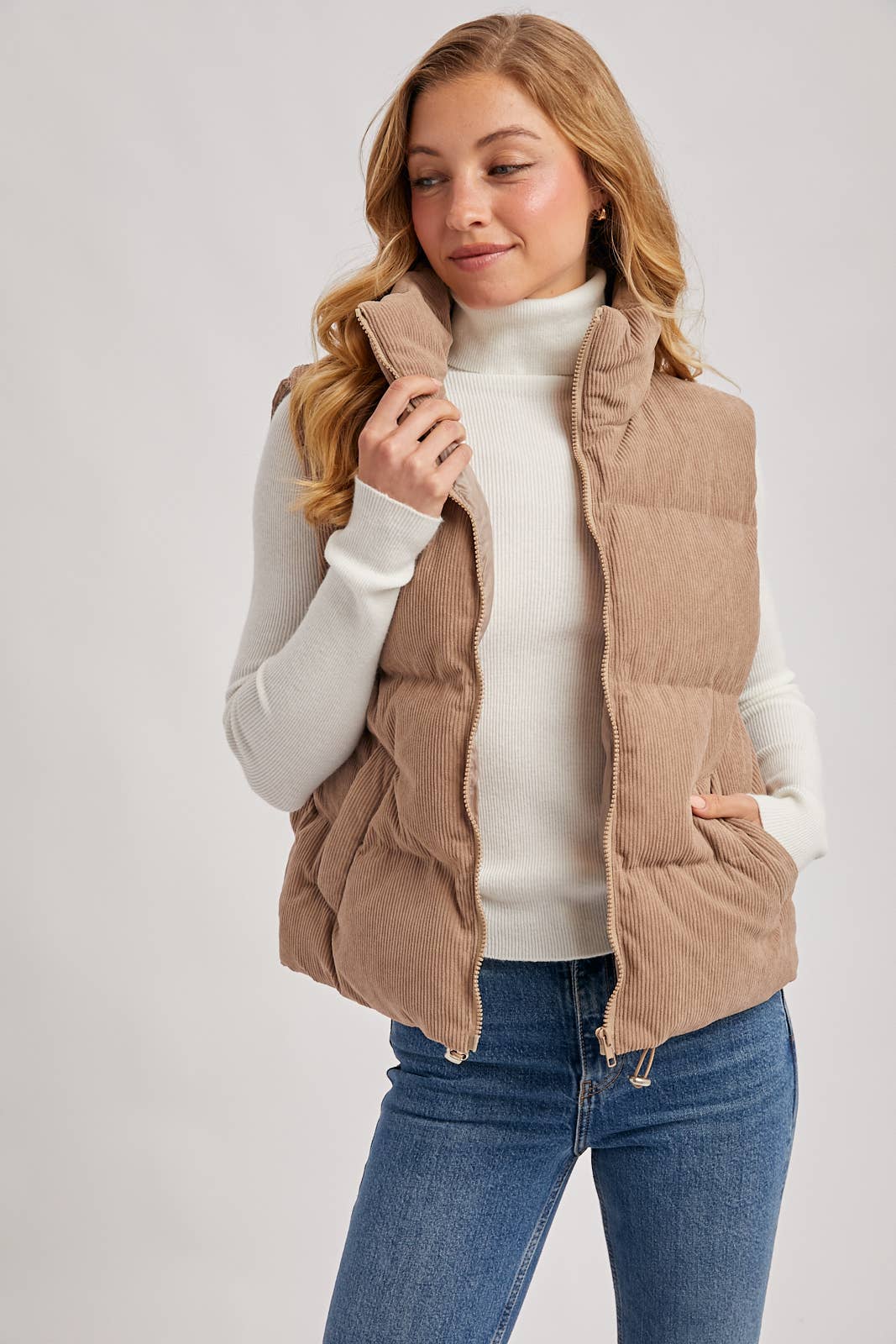 CORDUROY PUFFER VEST ZIPPER FRONT