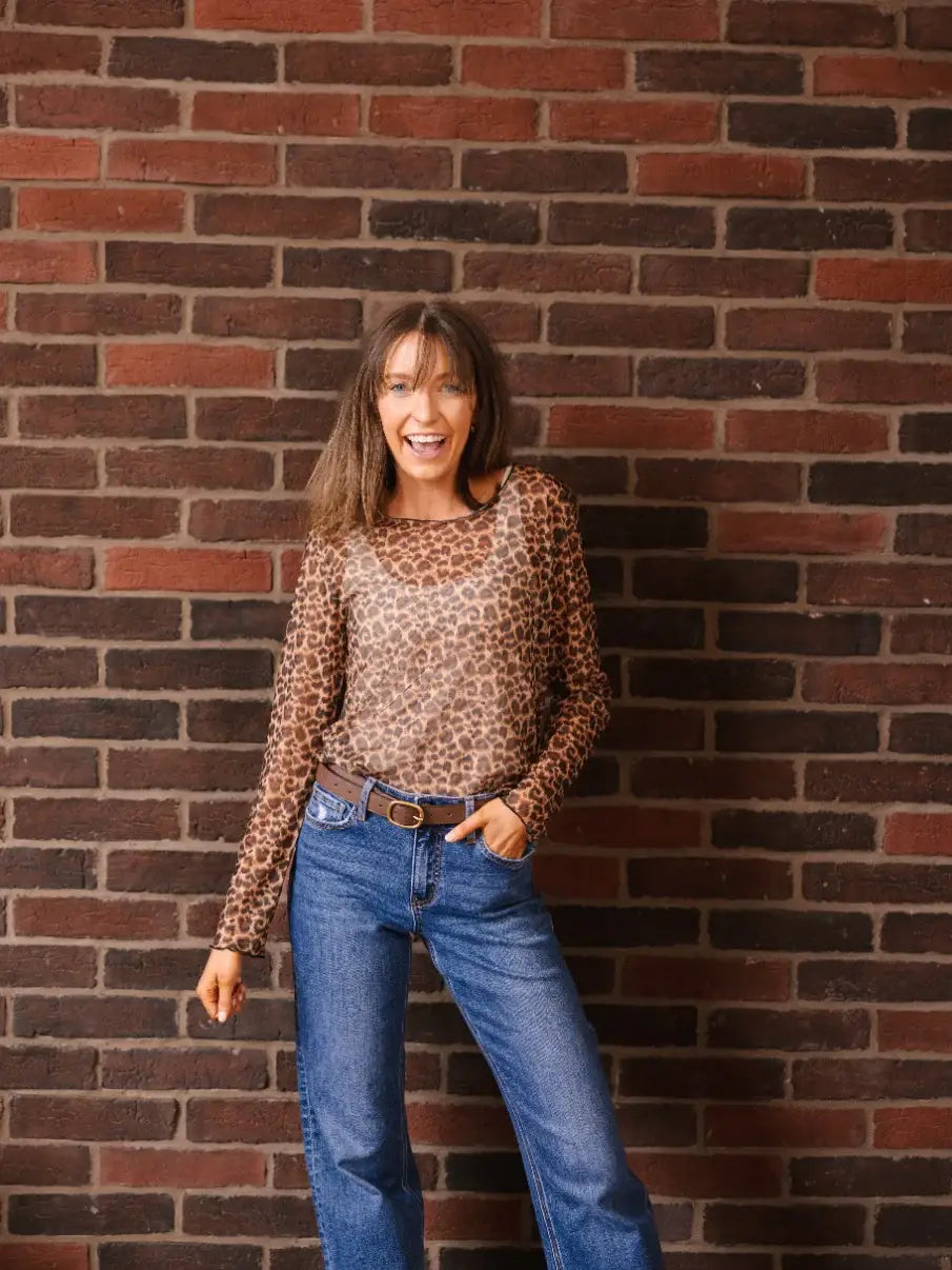 Leopard Mesh Long-Sleeve Top