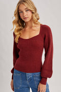 SWEETHEART NECK BISHOP SLEEVES SWEATER - Red