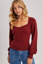 SWEETHEART NECK BISHOP SLEEVES SWEATER - Red