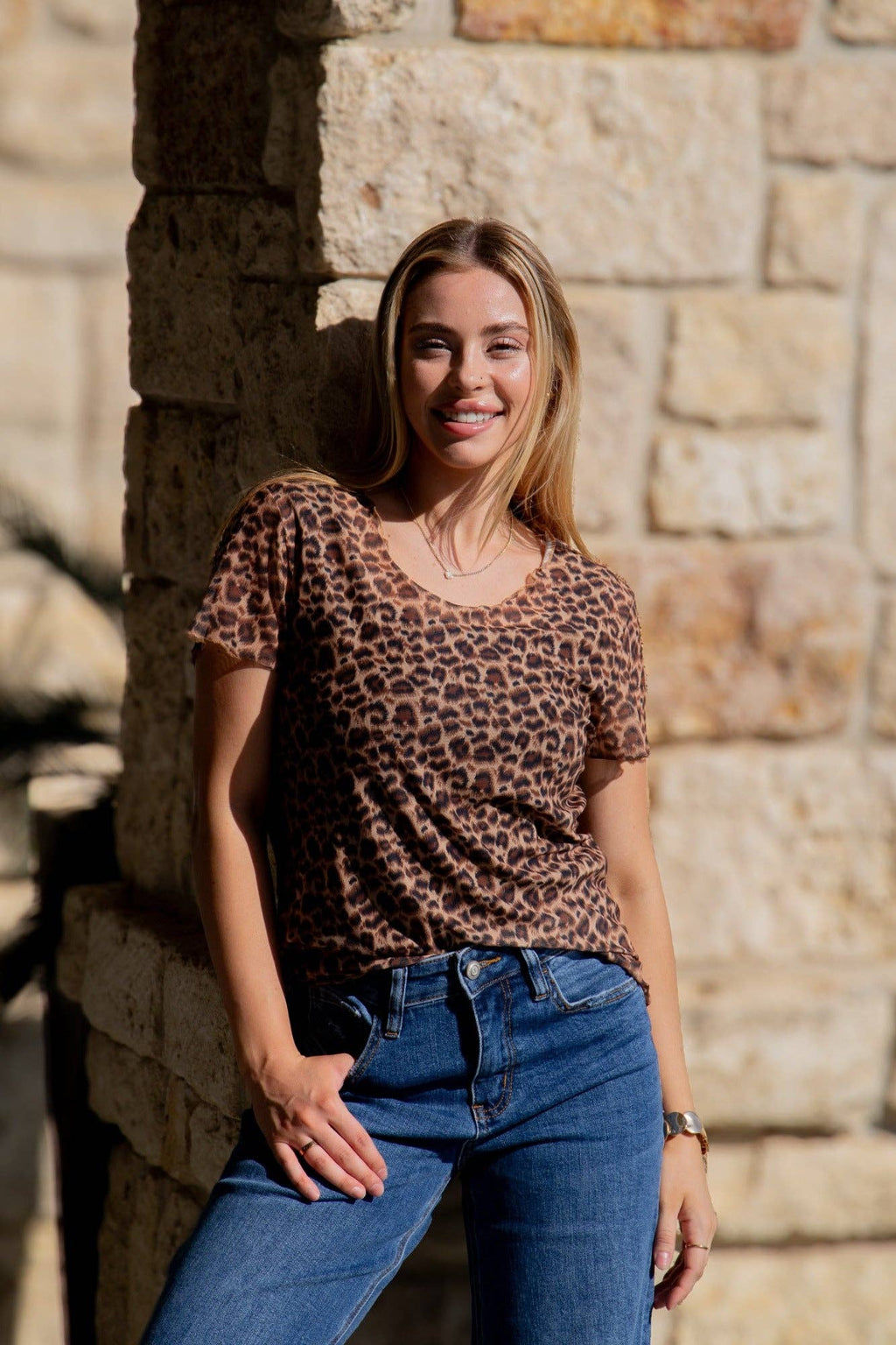 Leopard Mesh Short-Sleeve Top
