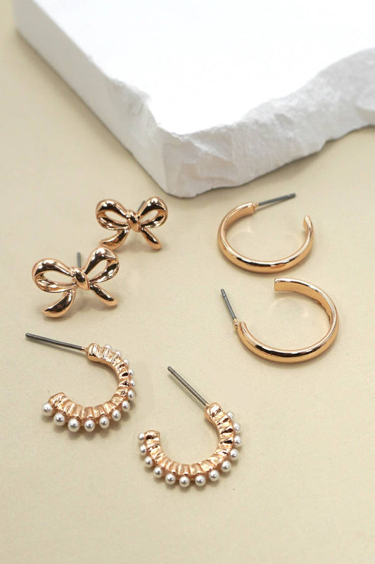 BOW PEARL STUDDED GOLD HOOP TRIO EARRINGS: Gold