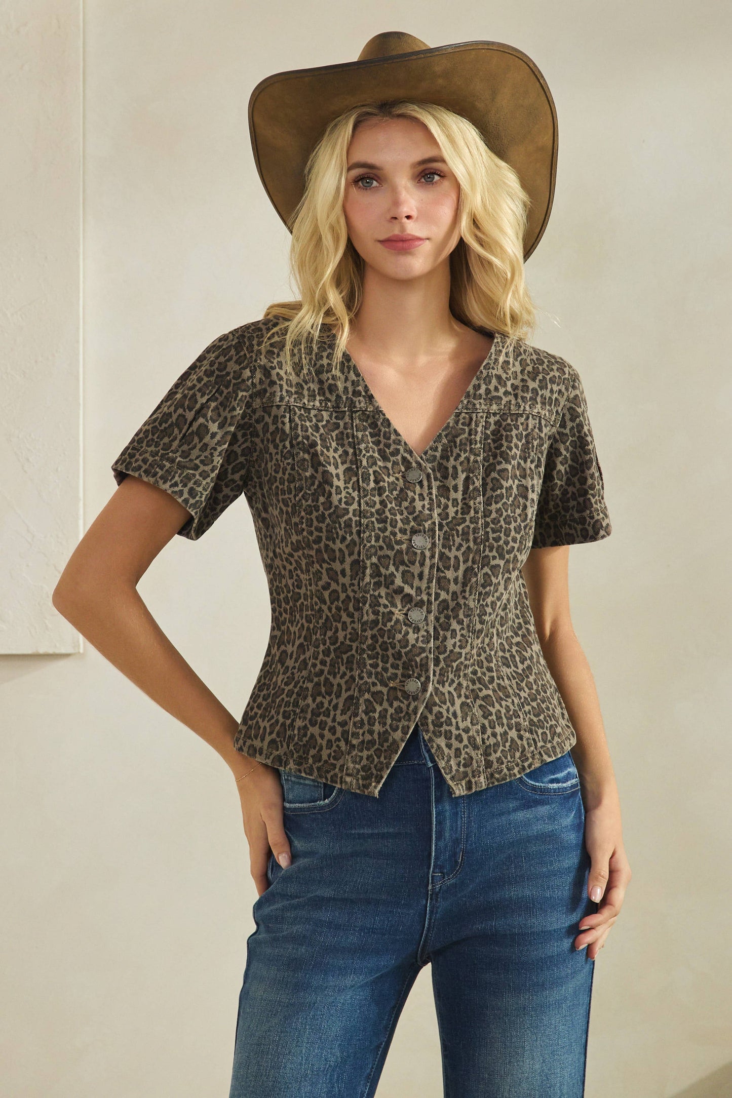Leopard short sleeve denim top : Leopard / L