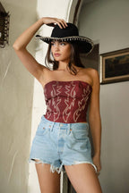 Vegan Leather Embroidered Western Corset Top-Maroon