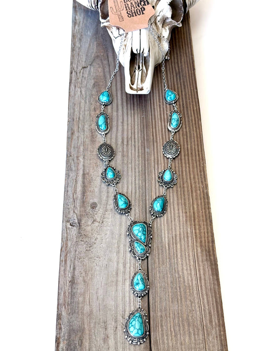 Turquoise Stone Western Concho Y Drop Necklace