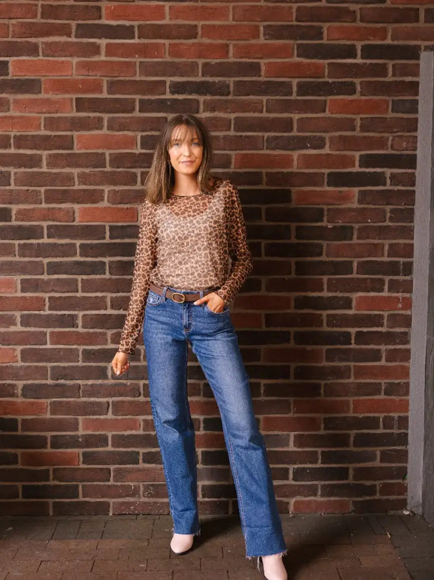 Leopard Mesh Long-Sleeve Top