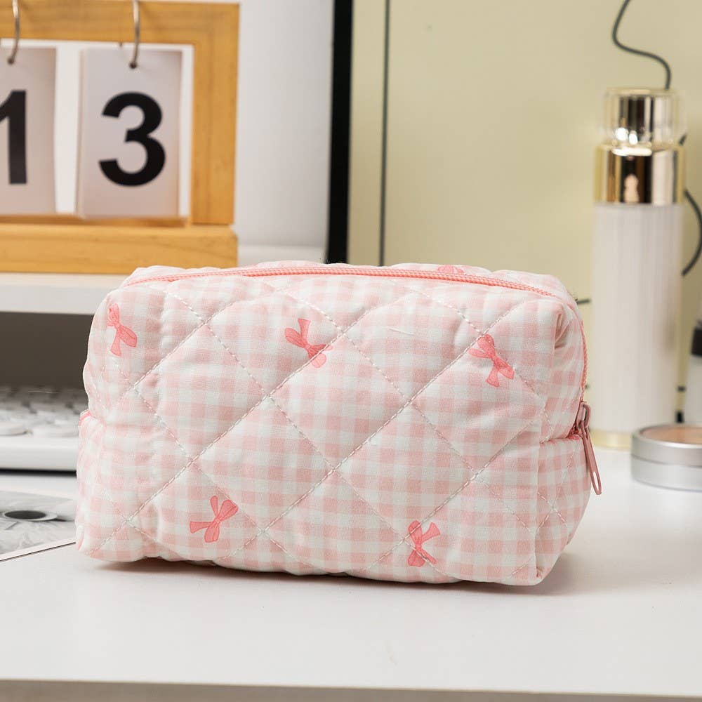Quilted Checker Bow Makeup Pouch
