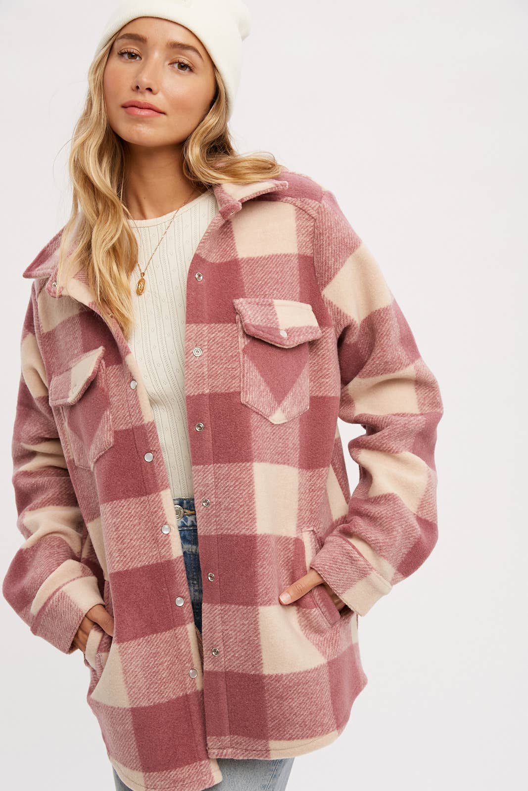 CHECKERED BRUSHED FLANNEL SHACKET- Mauve