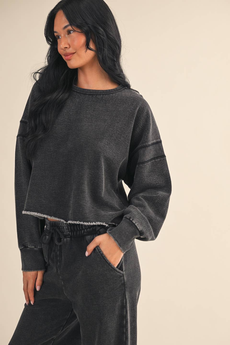 Denim Wash Cutout Back Fleece-Lined Sweatshirt: Charcoal