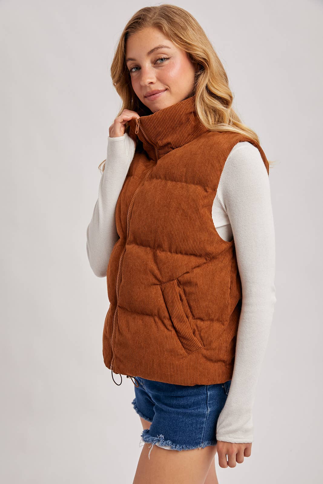 CORDUROY PUFFER VEST ZIPPER FRONT