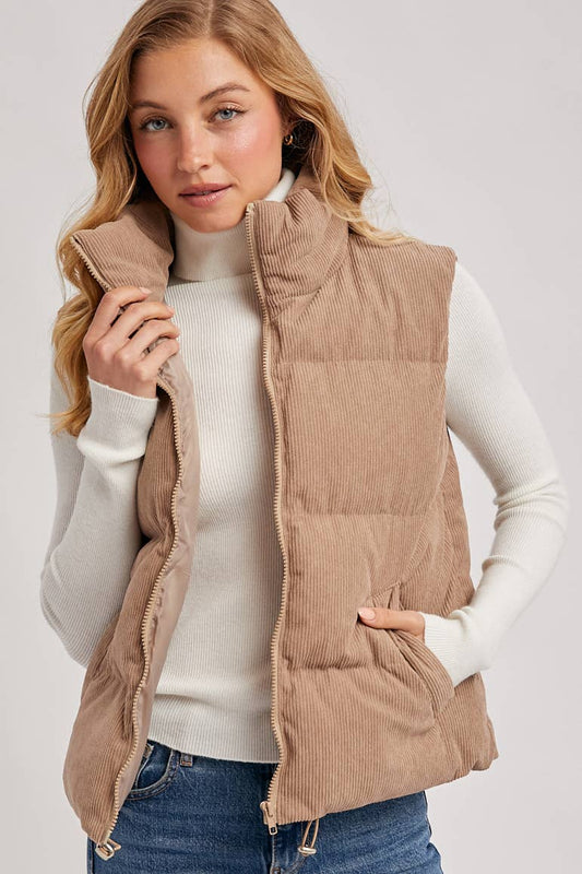 CORDUROY PUFFER VEST ZIPPER FRONT