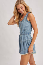 BUTTON FRONT SCOOP NECK RUFFLED DENIM ROMPER