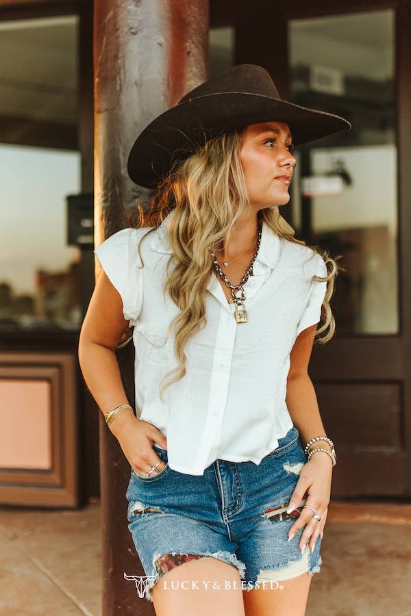 Collared Button Down Ruffle Short Sleeve Top