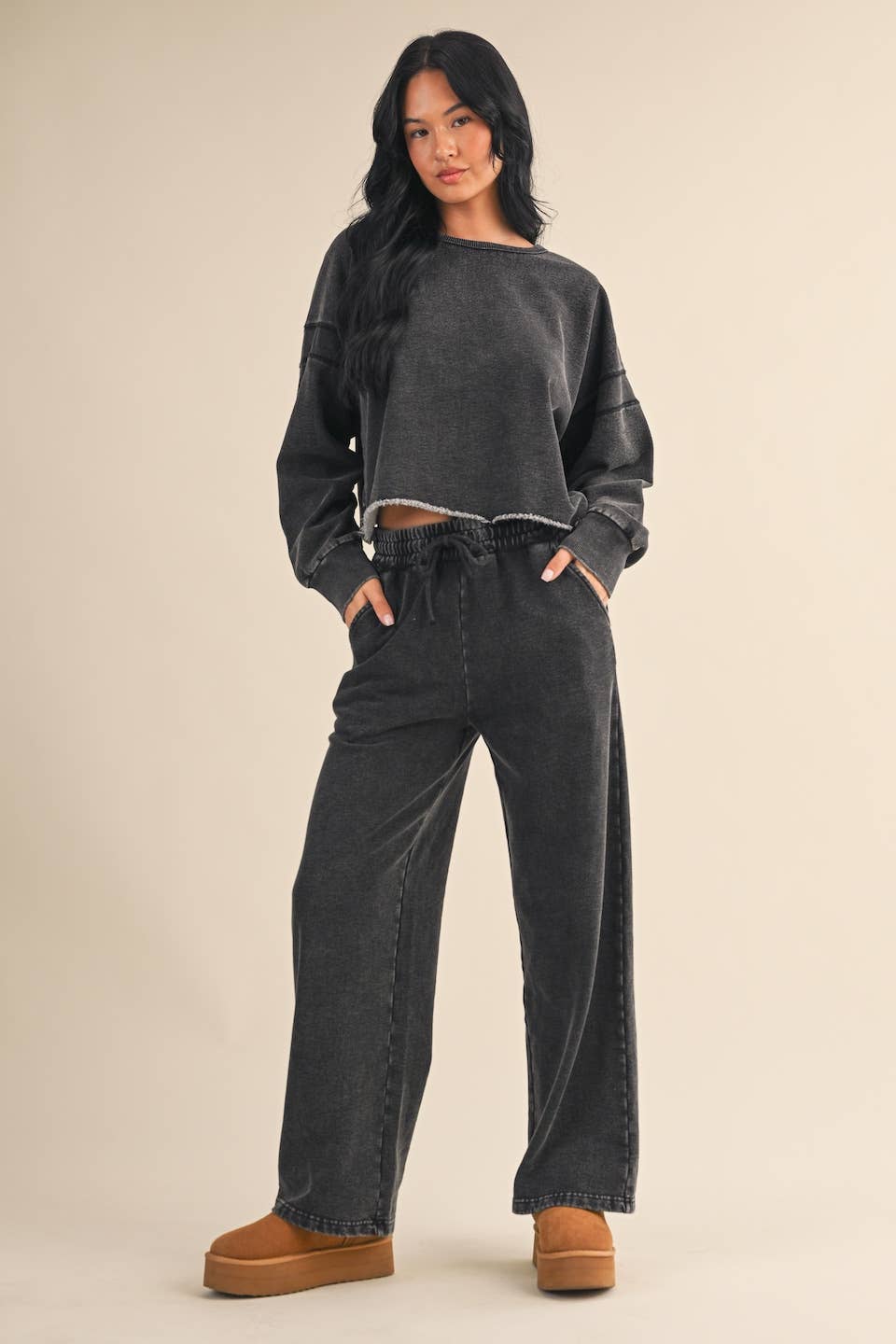 Denim Wash Cutout Back Fleece-Lined Sweatshirt: Charcoal