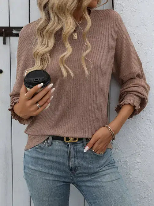 Women's Comfy Striped Long-Sleeved Sweater Top- Khaki
